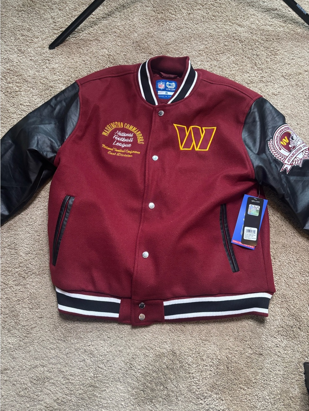 NFL Maroon Varsity Jacket with Black Leather Sleeves